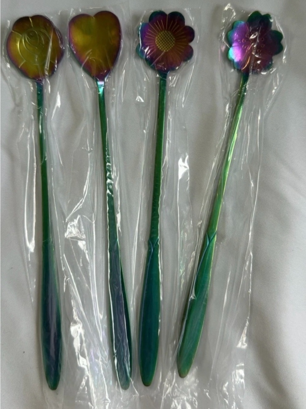 Rainbow Chrome Flower Iced Tea Spoons Set of 4 Stainless Steel Long Handle New